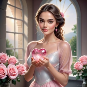Illustrate a captivating scene featuring a stunning woman gracefully holding a glass heart and a bouquet of pink roses. Let her radiant beauty complement the fragility of the glass heart, symbolizing vulnerability and tenderness. The pink roses in her hands should embody love and elegance, creating a harmonious balance between strength and delicacy. Employ soft lighting to enhance the enchanting atmosphere, ensuring that her expression reflects a blend of sophistication and the genuine emotion associated with the symbolism of the glass heart and blooming roses. Capture a moment that exudes beauty, love, and grace.