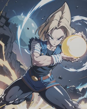 (best quality), (masterpiece),ultra-detailed,
1girl solo, andoroid 18, denim skirt, pantyhose,
emphasis lines,motion lines,(swirling:1.2) ,
 kamehameha, charging,energy ball, electricity, aura, dynbamic, kamehameha, Android_18_DB, casual wear, charging, casual wear,  look at viewer,  energy ball, 