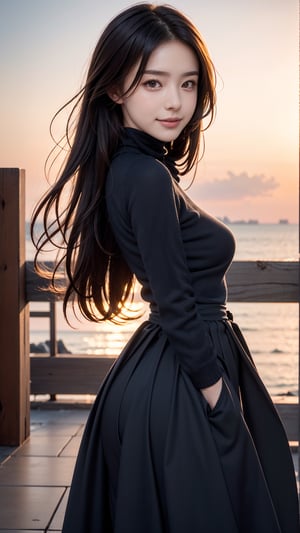 long (waist-length:1.2) windblown hair, masterpiece, best quality, highres, 1girl, Korean German, looking at viewer:1.3, (smile:0.6), savannah, wearing ((skin tight turtleneck sweater and long-length-tight-skirt)), (maxi-length long skirt:1.3), upper body shot, ,realistic, busty, sagging breasts:1.37, (small breasts:1.25), cute look, cute emotion, perfect human anatomy, cute smile, sunset, sunset, spread arms, from side, low angle, dynamic, blurry_light_background, wind, 