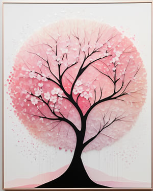 A stunning, abstract art piece featuring a mesmerizing symphony of translucent, fragmented shapes. The composition is a harmonious blend of geometric forms in soft pinks and whites, reminiscent of cherry blossom petals dancing in the breeze. The overlapping and intertwining elements create a kaleidoscopic effect, blurring the lines between positive and negative space. Ethereal gradients and atmospheric washes imbue the work with an otherworldly aura, reflecting the fleeting beauty of cherry blossoms. The interplay of precise angular compositions and organic forms captures the delicate balance between order and chaos in the transient spectacle of blooming cherry trees. This modern geometric interpretation offers a captivating, meditative exploration of light, form, and movement, distilling the essence of the ephemeral blossoms.