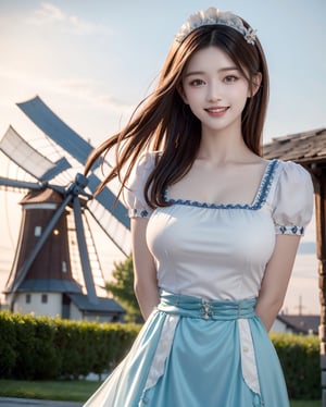 A sheer salon style long windblown hair, masterpiece, best quality, ultra high res, 1girl, solo, a stunning pretty and beautiful Korean hot model, 20yo, looking at viewer:1.3, (bright smile:1.2), Netherlans, windmill field scenery, blue sky, cloud, dusk, wearing ((Dirndl dress)),(latex luxury corset),(fusion of dirndl and maid dress:1.3), bust_up portrait, attractive showing her breasts ,realistic, busty, (round breasts:1.2),(large breasts:1.3),(sagging breasts:1.3),(narrow waist:1.3), standing with arms behind back:1.3, watch, ,1girl