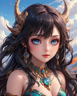 (best quality,8K,highres,masterpiece), ultra-detailed, (realistic portrait) of a girl, solo, showcasing long, flowing black hair and captivating blue eyes that hold the viewer's gaze. This portrait emphasizes her striking features enhanced by meticulous makeup, including vivid lipstick that accentuates her lips. She wears exquisite jewelry, a necklace that complements her attire, and is adorned with a unique headdress featuring feathers, adding a majestic and ethereal quality to her appearance. The inclusion of a mask and face paint draws inspiration from Native American traditions, enriching the portrait with cultural depth and significance. The overall composition is a celebration of beauty, tradition, and the artistry of makeup and adornment, rendered with lifelike precision and attention to detail.,baby dragon,1dragon girl,1dragon,ani_booster