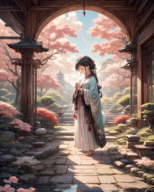 Create a serene and prayerful illustration featuring a female character. Envision a tranquil setting with soft, pastel hues, perhaps a serene garden or a peaceful temple. The woman should exude a sense of inner peace, with closed eyes and hands clasped in prayer. Incorporate elements like gentle sunlight or candlelight to enhance the peaceful ambiance. Emphasize a harmonious atmosphere with subtle details like floating cherry blossoms or ethereal light beams. Overall, convey a profound sense of tranquility and spirituality in the artwork, capturing the essence of peace and prayer.,pastelbg,leonardo