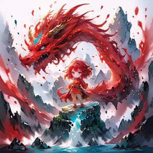 1dragon girl in chinese moutain top, wearing a red cheongsam dress with small gold detailed, eastern chibi dragon, waterfall, ((centered image)), fantasy, realistic,,,ani_booster,,,,painted world,,,,,,,,,,1dragon,art_booster,chibi,<lora:659095807385103906:1.0>,<lora:659095807385103906:1.0>
