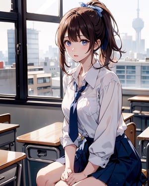 A beautiful Japanese anime girl with short ponytail brown hair and bangs, wearing a white school blouse with a blue ribbon tie and a pleated navy skirt, sitting in a well-lit classroom with desks and large windows in the background. The girl has large, expressive eyes and a slightly surprised or curious expression. Realistic anime style, high detail, soft lighting, natural sunlight
,anime