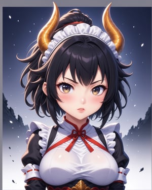 narberal gamma \(overlord\), (fusion of narberal gamma and dragon daughter:1.3), 1girl, long hair, black hair, glay eyes, bangs, ponytail, medium breats, looking at viewer, glay eyes, anime waifu, upper body, parted lips, busty, blurry, lips,busty, large breasts, film noir, fantasy, chibi emote, dynamic, dragon horns, standng with arms behind back, noir, wearing a (fusion of miko outfit and maid costume:1.3), narberal gamma \(overlord\),photo r3al,ani_booster,Hanbok,,baby dragon,1dragon girl,chibi,,,<lora:659095807385103906:1.0>