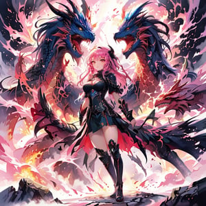 stylized ink painting and digital anime painting, eastern dragon, ink painting, 1dragon girl, young adult, 22yo, tall, skinny, busty, pink long wavy messy hair, large breasts, weaing a medieval dragonic armored dress, ray tracing, waterflall,  group of Velociraptors, 8k, realistic, standing with arms behind back, masterpiece, best quality,aesthetic,1dragon girl,dragon,,,,,,1dragon,,RitterBalberith,,2b-Eimi,<lora:659095807385103906:1.0>,Flat vector art,<lora:659095807385103906:1.0>
