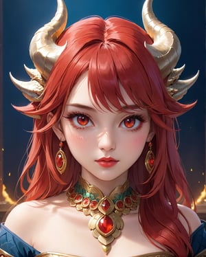 (dragon daughter theme1.4),(dragon horns:1.4), (best quality,8K,highres,masterpiece), ultra-detailed, (realistic portrait) of a girl, solo, showcasing long, blowing sheer red hair and captivating red eyes that hold the viewer's gaze. This upper body portrait emphasizes her striking features enhanced by meticulous makeup, including vivid lipstick that accentuates her lips. She wears exquisite jewelry, a necklace that complements her attire, and is adorned with a unique headdress featuring dragon scales, adding a majestic and ethereal quality to her appearance. The inclusion of a mask and face paint draws inspiration from Ancient Macedonian traditions, enriching the portrait with cultural depth and significance. The overall composition is a celebration of beauty, tradition, and the artistry of makeup and adornment, rendered with lifelike precision and attention to detail.