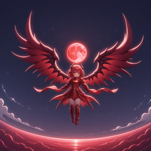1dragon girl, red hair, red armor, dragon horns, dragon wings, in the sky, red moon, moon light, full moon, ,,,<lora:659095807385103906:1.0>