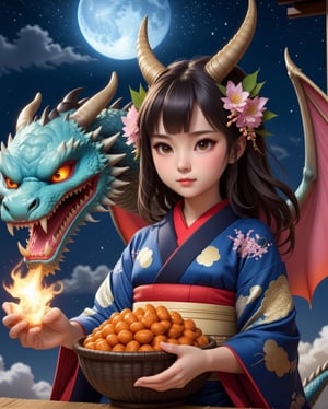 1girl, solo, ONIYOME, ONI horns, dragon, swtubun, wearing a Japanse kimono dress, beans, anime style illustration, realistic, high res, best quality, 8k, masterpiece, paper lantan, night, night sky, lantan, horns, dragon horns, beans, basket, realistic, photorealistic, ,more detail XL,<lora:659095807385103906:1.0>