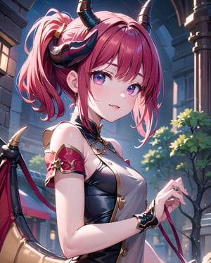 Upper body portrait of a stunning beautiful dragon daughter, 22yo, 1dragon girl, solo, wearing a drapped shreer dress, beige theme, (elegant),(gorgeous),(skin tight), chignon redhair, (fantasy:1.3),(magic), (dragon horns:1.4), red big eyes, parted lips, small face,  
BREAK, 
materpiece, best qulity, ultra high res, realisticm photorealistic, photo of perfect eyes, Realism, Extremely Realistic, upper body, bright smile, fang, closed mouth, front view, looking at the viewer, standing, open stance, urabn, ,yeonyuromi