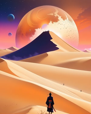 Imagine a spellbinding and hyper-realistic illustration that harmoniously merges the sweeping, desert landscapes of the world of Dune with the mythical creatures of ancient Japan. Picture a vast, sandy expanse reminiscent of the iconic planet, dotted with colossal sand dunes and craggy rock formations. Rising majestically from the arid terrain are ethereal and ancient Japanese mythological creatures—perhaps a Kirin or a Tengu—endowed with intricate details that seamlessly integrate with the harsh beauty of the desert environment. The soft hues of the sunset casting long shadows on the mythical beings create a mesmerizing interplay of light and shadow. This illustration, blending the futuristic allure of Dune with the mystical charm of ancient Japanese folklore, promises to transport viewers to a realm where science fiction and ancient myth converge in an awe-inspiring visual symphony.