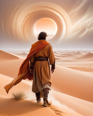 A lone desert wanderer, reminiscent of Dune's Fremen, braving the harsh desert terrain. He walks solo, shielding his eyes from the blinding wind-blown sand. The vast expanse of sand dunes stretches into the horizon. A sandstorm brews in the distance, casting an eerie orange-brown hue over the scene. The man's determined expression and attire, with a head covering and flowing robes, show his adaptation to the unforgiving environment.