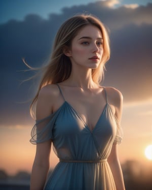 A stunning beautiful European woman, 22yo, tall, slender, wearing a chic dress, very bright backlighting, backlighting theme image, sunset, sunset sneery, realistic, photorealistic, hyperrealism, best quality, masterpiece, 8k, sunset light irradiated her body. back light, brighting hair, The downy hair is shining, 