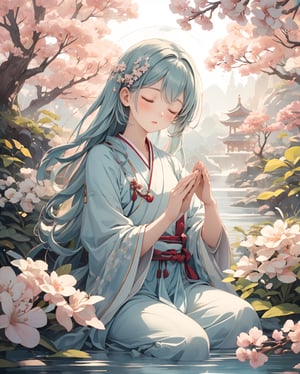 Create a serene and prayerful illustration featuring a female character. Envision a tranquil setting with soft, pastel hues, perhaps a serene garden or a peaceful temple. The woman should exude a sense of inner peace, with closed eyes and hands clasped in prayer. Incorporate elements like gentle sunlight or candlelight to enhance the peaceful ambiance. Emphasize a harmonious atmosphere with subtle details like floating cherry blossoms or ethereal light beams. Overall, convey a profound sense of tranquility and spirituality in the artwork, capturing the essence of peace and prayer.