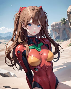 In a mesmerizing collaboration between the evocative world of Dune's desert planet and the iconic character Asuka from Evangelion, envision a portrait that seamlessly merges two distinct universes. Asuka, donned in a uniquely adapted desert-ready plugsuit, stands against the towering dunes of the foreign landscape. The ochre sands and swirling winds mirror the harshness of her surroundings, while her defiant gaze reflects the resilience ingrained in her character. The fusion of Evangelion's bold aesthetic with Dune's arid grandeur creates a striking image, encapsulating the spirit of Asuka against the backdrop of an alien desert, where the surreal and the iconic converge in visual harmony.
BREAK, 
1girl, solo, orange hair, breasts, looking at viewer, wavy hair, curly hair, messh hair, dameged hair, brown eyes, cyborg girl, upper body, parted lips,cyborg armor, mechanical joints, mechanical armor,  blurry, lips, SF, sci fi, fantasy, cyber punk, android, dynamic, sitting with arms behind back, plug suit, ,souryuuasukalangley, orange theme, ,masterpiece