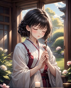 Create a serene and prayerful illustration featuring a female character. Envision a tranquil setting with soft, pastel hues, perhaps a serene garden or a peaceful temple. The woman should exude a sense of inner peace, with closed eyes and hands clasped in prayer. Incorporate elements like gentle sunlight or candlelight to enhance the peaceful ambiance. Emphasize a harmonious atmosphere with subtle details like floating cherry blossoms or ethereal light beams. Overall, convey a profound sense of tranquility and spirituality in the artwork, capturing the essence of peace and prayer.,pastelbg,leonardo, (4fingers and thumb:1.2), 