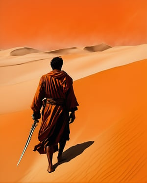 A lone desert wanderer, reminiscent of Dune's Fremen, braving the harsh desert terrain. He walks solo, shielding his eyes from the blinding wind-blown sand. The vast expanse of sand dunes stretches into the horizon. A sandstorm brews in the distance, casting an eerie orange-brown hue over the scene. The man's determined expression and attire, with a head covering and flowing robes, show his adaptation to the unforgiving environment.,ink 