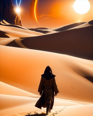 A stunning, cinematic single-figure scene set in a breathtaking desert landscape reminiscent of the film "Dune." A hooded figure, dressed in a manner similar to Obi-Wan Kenobi, walks alone through the vast, shifting sands. The atmosphere is both serene and mysterious, with golden sand dunes stretching as far as the eye can see. The sun casts a warm, golden glow on the scene, highlighting the character's every move, and emphasizing the tranquility of this desert solitude., 