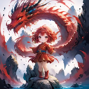 1dragon girl in chinese moutain top, wearing a red cheongsam dress with small gold detailed, eastern chibi dragon, waterfall, ((centered image)), fantasy, realistic,,,ani_booster,,,,painted world,,,,,,,,,,1dragon,<lora:659095807385103906:1.0>