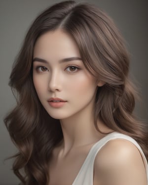 A high-quality, detailed portrait image of a beautiful young woman with long, lustrous dark brown hair styled in a flowing, wavy or slightly curled hairstyle. She has delicate facial features including large, expressive eyes, high cheekbones, and a slender, elegant nose. Her skin is flawless and glowing, and she has a serene, confident expression. She is wearing natural-looking makeup that accentuates her features. The background is softly blurred, placing the focus entirely on her captivating visage. The lighting is gentle and flattering, creating subtle shadows and highlights that enhance the depth and dimensionality of the portrait. The overall mood is one of poise, beauty, and digital influence. The image has a high level of photorealism and attention to detail.