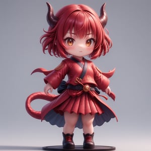 1dragon girl, solo, chibi character, chibi emote, body covered with dragon scales, dragon horns, red messy short bob hair, realistic, wearing a mikol uniform, dogi, hakama skirt, 3D, 3Drender, photon mapping, ,,<lora:659095807385103906:1.0>