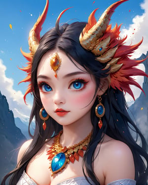 (best quality,8K,highres,masterpiece), ultra-detailed, (realistic portrait) of a girl, solo, showcasing long, flowing black hair and captivating blue eyes that hold the viewer's gaze. This portrait emphasizes her striking features enhanced by meticulous makeup, including vivid lipstick that accentuates her lips. She wears exquisite jewelry, a necklace that complements her attire, and is adorned with a unique headdress featuring feathers, adding a majestic and ethereal quality to her appearance. The inclusion of a mask and face paint draws inspiration from Native American traditions, enriching the portrait with cultural depth and significance. The overall composition is a celebration of beauty, tradition, and the artistry of makeup and adornment, rendered with lifelike precision and attention to detail.,baby dragon,1dragon girl,1dragon