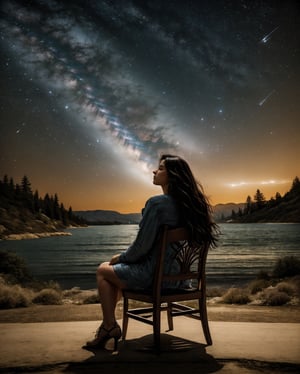 A female singer in her twenties sits gracefully in a chair, legs crossed, under the stars shining in the night sky. Her hair sways in the wind, and the glow of the starry sky beautifully illuminates her flowing locks. The singer modestly holds her guitar and plays a song with an impassioned expression. In the starry sky, a flowing Milky Way stretches out, creating a dreamy atmosphere. The lights and notes drifting around her symbolize the magic of music. The back of the chair is carved with a constellation pattern, creating a sense of unity between sky and earth. It is a passionate scene, as if her voice is spreading out into the universe and the stars are resonating with her melodies.