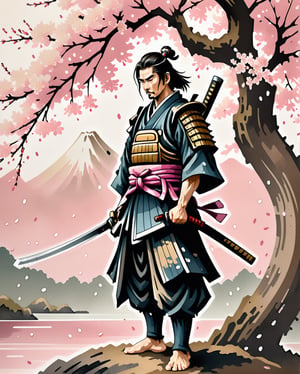 A captivating pixel art illustration of a stoic Japanese samurai standing tall in his traditional armor, with his katana drawn and the blade glowing. The samurai's armor is intricately detailed, featuring ornate patterns that emphasize the honor and dedication of his warrior spirit. The background is a beautiful, serene scene of cherry blossom trees, their delicate pink petals gently falling around the samurai. The color palette is limited, utilizing nostalgic, retro tones that bring a sense of warmth and nostalgia. Subtle shading adds depth and dimensionality to the artwork, enhancing the overall composition. The samurai is positioned centrally within the blossoms, with clean lines and sharp angles characteristic of pixel art style. The final image evokes a sense of timeless elegance, paying homage to the rich history and culture of Japan.