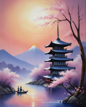 Envision a modern oil painting masterpiece themed around the dawn in Japan. The canvas unfolds in a symphony of soft hues as the first light pierces the tranquil darkness. The sky transitions from a velvety indigo to a gentle, rose-tinted glow, casting a serene atmosphere. Meticulously paint the silhouette of traditional pagodas and delicate cherry blossoms against the emerging light, creating a harmonious fusion of ancient and contemporary. Employ nuanced brushstrokes to capture the ethereal beauty of the awakening landscape, inviting viewers into a tranquil and poetic moment at the break of day in the Land of the Rising Sun.