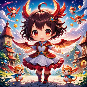 Generate a charming anime illustration of Dragonute's adorable chibi character in a whimsical setting. Capture the character's endearing essence with vibrant colors and lively expressions. Place them in a fantastical world filled with magical creatures, showcasing their playful personality. Highlight Dragonute's unique features, like distinctive scales or wings, and ensure the composition radiates joy. The scene could include elements like fluffy clouds, sparkling stars, or a colorful landscape. Infuse the image with a sense of wonder and innocence, creating an enchanting visual narrative that fans of all ages will find captivating.