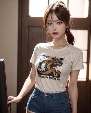 (dragon daughter theme:1.3),(masterpiece, top quality, best quality, official art, beautiful and aesthetic:1.2), hdr, high contrast, ultra high res, 1girl, solo, orange hair, pony tailhair, bulnt hair, bulunt ponytail hair, looking at viewer, brown eyes, upper body, parted lips, busty, blurry, lips, film noir, fantasy, dynamic, standng with arms behind back, noir, mafia, yakuza, ((T shirt, denim shorts:1.4)),finger detailed, background detailed, ambient lighting, extreme detailed, cinematic shot, realistic ilustration, (soothing tones:1.3), (hyperdetailed:1.2),tan skin,(tan skin:1.6),