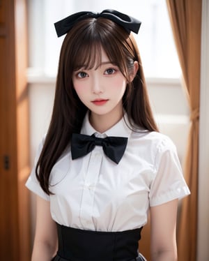 masterpiece, best quality, ultra-detailed, 8k, photorealistic, anime girl, long straight brown hair, bangs, big eyes, wearing a white blouse with a black bow tie, pleated skirt, standing indoors, soft lighting, looking at the camera, slight smile, realistic anime style, high-detail facial features
