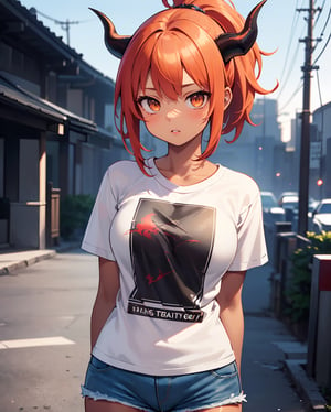 (dragon daughter theme:1.3),(masterpiece, top quality, best quality, official art, beautiful and aesthetic:1.2), hdr, high contrast, ultra high res, 1girl, solo, orange hair, pony tailhair, bulnt hair, bulunt ponytail hair, looking at viewer, brown eyes, upper body, parted lips, busty, blurry, lips, film noir, fantasy, dragon horns:1.3,dynamic, standng with arms behind back, noir, mafia, yakuza, ((T shirt, denim shorts:1.4)),finger detailed, background detailed, ambient lighting, extreme detailed, cinematic shot, realistic ilustration, (soothing tones:1.3), (hyperdetailed:1.2),tan skin,(tan skin:1.6),portrait,green theme