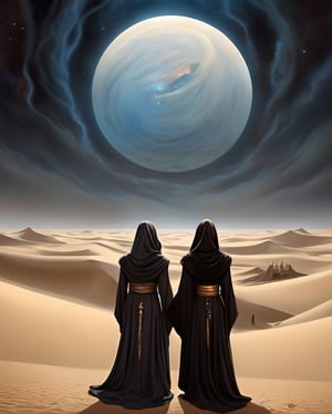 A captivating illustration of the Bene Gesserit sisterhood engaged in a ritualistic practice, surrounded by the massive sand dunes of Arrakis. The cosmic tapestry in the sky reflects the religious and spiritual themes of "Dune." The figures are cloaked, and they stand in meditative stances, symbolizing their quest for prescient visions and enhanced awareness. A sacred spice melange is at the center, radiating an otherworldly glow. The overall atmosphere of the artwork is mystical, with a touch of interstellar politics and the enigmatic allure of the desert world.