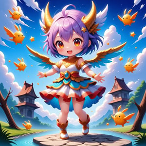 Generate a charming anime illustration of Dragonute's adorable chibi character in a whimsical setting. Capture the character's endearing essence with vibrant colors and lively expressions. Place them in a fantastical world filled with magical creatures, showcasing their playful personality. Highlight Dragonute's unique features, like distinctive scales or wings, and ensure the composition radiates joy. The scene could include elements like fluffy clouds, sparkling stars, or a colorful landscape. Infuse the image with a sense of wonder and innocence, creating an enchanting visual narrative that fans of all ages will find captivating.,<lora:659095807385103906:1.0>