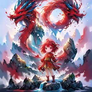 1dragon girl in chinese moutain top, wearing a red cheongsam dress with small gold detailed, eastern chibi dragon, waterfall, ((centered image)), fantasy, realistic,,,ani_booster,,,,painted world,,,,,,,,,,1dragon,art_booster,chibi,,<lora:659095807385103906:1.0>,<lora:659095807385103906:1.0>