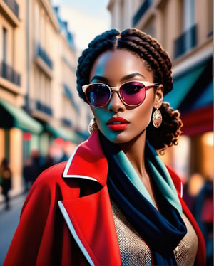 A stunning, photorealistic portrait of a stylish black woman, captured in the dusk light of a bustling Parisian street. She is dressed in a chic ensemble, with a vibrant red coat and a fashionable scarf, accessorized with elegant sunglasses. Her long, curly hair cascades down her shoulders, framing her confident and poised face. The urban backdrop of Paris, with its architectural marvels and warm streetlights, adds a touch of European charm to the image.