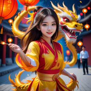Asian girl, 22yo, 1girl, a stunning beautiful woman, dragon dance, Chinese Festival, Chinese Lantan, Ancient chinese town, fireworks, ,,1dragon,,<lora:659095807385103906:1.0>