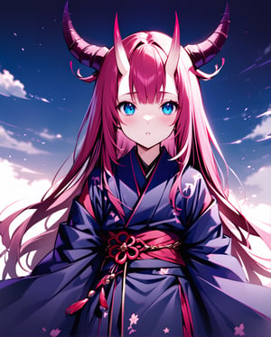 Visualize an extraordinary anime illustration where a young girl embodies the captivating fusion of Japanese Oni and Western Demon characteristics. Picture her with the distinct horns reminiscent of both cultures, curving elegantly, showcasing a seamless blend of Eastern and Western mythologies. Her eyes, perhaps glowing with an otherworldly intensity, reflect the duality of her supernatural heritage. The girl's attire could draw inspiration from traditional Japanese garments, adorned with symbols associated with Oni, while incorporating darker, gothic elements reminiscent of Western demon lore. The background may feature a cross-cultural setting, merging iconic landscapes from both traditions, creating a captivating narrative of cultural synthesis in a fantastical realm. This anime illustration promises to be a harmonious and visually compelling celebration of diverse mythologies.