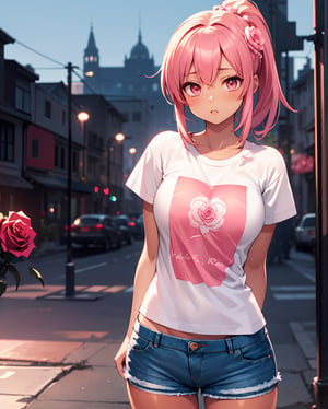 (dragon daughter theme:1.3),(Pink rose valentine's day theme:1.5),(Pink rose flower filed background:1.4), ,(masterpiece, top quality, best quality, official art, beautiful and aesthetic:1.2), hdr, high contrast, ultra high res, 1girl, solo, orange hair, pony tailhair, bulnt hair, bulunt ponytail hair, looking at viewer, brown eyes, upper body, parted lips, busty, blurry, lips, film noir, fantasy, dragon horns:1.3,dynamic, standng with arms behind back, noir, mafia, yakuza, ((T shirt, denim shorts:1.4)),finger detailed, background detailed, ambient lighting, extreme detailed, cinematic shot, realistic ilustration, (soothing tones:1.3), (hyperdetailed:1.2),tan skin,(tan skin:1.6),portrait,green theme