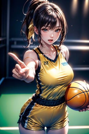 (((1ponytail hair girl:1.3, solo))), (a extremely pretty and beautiful milf:1.3), (22 years old: 1.1), (pointing at you:1.3), (stylish basketball posing:1.3), (open stance:1.3), (dribbling:1.3),  at basketball arena, 
break, 
(up-ponytail:1.3), (shiny-black thin hair:1.2), bangs, dark brown eyes, beautiful eyes, princess eyes, bangs, Hair between eyes, short hair:1.3, slender, (gigantic breasts:1.3, sagging breasts:1.3, disproportionate breasts;1.3), (thin waist: 1.3), (detailed beautiful girl: 1.4), Parted lips, Red lips, full-make-up face, (shiny skin), ((Perfect Female Body)), (upper body Image:1.3), Perfect Anatomy, Perfect Proportions, (most beautiful Asian actress face:1.3, extremely cute and beautiful Korean idol face:1.3), (seductive emotion:1.3), (blowjob face:1.3, open mouth:1.3), (4fingers and thumb:1.3), (perfect ratio human hands:1.3), 
BREAK, 
(wearing a yellow basketball unifrom:1.3), (sports shorts:1.3), (basketball shoes:1.3), detailed clothes, 
BREAK, 
a basketball arema, basketball, baseketball goal, audience, player, coach, 
BREAK, 
(Realistic, Photorealistic: 1.37), (Masterpiece, Best Quality: 1.2), (Ultra High Resolution: 1.2), (RAW Photo: 1.2), (Sharp Focus: 1.3), (Face Focus: 1.2), (Ultra Detailed CG Unified 8k Wallpaper: 1.2), (Beautiful Skin: 1.2), (pale Skin:1.3), (Hyper Sharp Focus: 1.5), (Ultra Sharp Focus: 1.5), (Beautiful pretty face: 1.3), (super detailed background, detail background: 1.3), Ultra Realistic Photo, Hyper Sharp Image, Hyper Detail Image, ,Indoor Grey