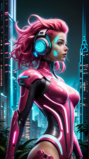 Create an illustration prompt for a female anime character in digital pop art style, described in 100 words or more:

Imagine a futuristic cityscape where technology seamlessly integrates with nature. In the foreground, a young woman with vibrant pink hair and cybernetic enhancements exudes confidence and grace. She wears a sleek, high-tech bodysuit adorned with glowing neon accents, embodying the fusion of organic and synthetic elements. Behind her, towering skyscrapers with holographic displays illuminate the skyline, while bioluminescent plants and cascading waterfalls add a touch of natural beauty. The scene captures the harmony between human innovation and the environment, blending futuristic aesthetics with the timeless allure of nature in a captivating digital pop art style.