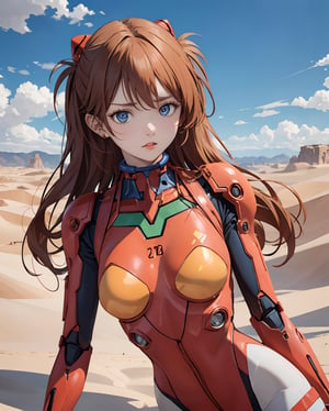 In a mesmerizing collaboration between the evocative world of Dune's desert planet and the iconic character Asuka from Evangelion, envision a portrait that seamlessly merges two distinct universes. Asuka, donned in a uniquely adapted desert-ready plugsuit, stands against the towering dunes of the foreign landscape. The ochre sands and swirling winds mirror the harshness of her surroundings, while her defiant gaze reflects the resilience ingrained in her character. The fusion of Evangelion's bold aesthetic with Dune's arid grandeur creates a striking image, encapsulating the spirit of Asuka against the backdrop of an alien desert, where the surreal and the iconic converge in visual harmony.
BREAK, 
1girl, solo, orange hair, breasts, looking at viewer, wavy hair, curly hair, messh hair, dameged hair, brown eyes, cyborg girl, upper body, parted lips,cyborg armor, mechanical joints, mechanical armor,  blurry, lips, SF, sci fi, fantasy, cyber punk, android, dynamic, sitting with arms behind back, plug suit, ,souryuuasukalangley, orange theme, ,masterpiece