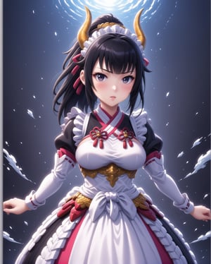 narberal gamma \(overlord\), (fusion of narberal gamma and dragon daughter:1.3), 1girl, long hair, black hair, glay eyes, bangs, ponytail, medium breats, looking at viewer, glay eyes, anime waifu, upper body, parted lips, busty, blurry, lips,busty, large breasts, film noir, fantasy, chibi emote, dynamic, dragon horns, standng with arms behind back, noir, wearing a (fusion of miko outfit and maid costume:1.3), narberal gamma \(overlord\),photo r3al,ani_booster,Hanbok,,baby dragon,1dragon girl,chibi,,,<lora:659095807385103906:1.0>