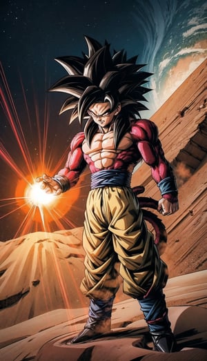 Imagine an anime illustration that seamlessly blends the iconic Super Saiyan Son Goku from Dragon Ball into the awe-inspiring world of Dune's desert planet. In this vibrant fusion, envision Goku standing amidst the vast, golden dunes, his fiery Super Saiyan aura contrasting with the arid landscape. The winds whip up the sand around him, creating a dynamic scene of power and movement. The familiar Dragon Ball energy beams intertwine with the mystical allure of the desert, as Goku's determined gaze reflects both Saiyan strength and the mysterious essence of the Dune planet. This crossover illustration captures the essence of two beloved worlds colliding in an epic visual narrative., Super_Saiyan_4_Goku