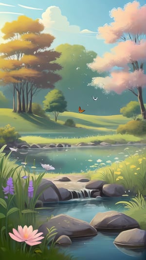 Create a captivating LOFI digital art illustration centered around relaxation, soothing vibes, and rural nature. Imagine a tranquil scene in the countryside, where time seems to slow down. Picture a peaceful meadow with gentle breezes rustling through the grass and wildflowers, creating a sense of calmness and serenity.

Incorporate elements like a babbling brook or a small pond, their tranquil waters reflecting the beauty of the surrounding nature. Add details like trees casting dappled shadows, birds chirping softly, and butterflies fluttering lazily among the flowers.

Use a soft, muted color palette to enhance the soothing atmosphere, with subtle textures and gradients that mimic the feel of an analog painting. Incorporate gentle light and shadow to create depth and dimension, inviting viewers to immerse themselves in the peacefulness of rural life.

Let the overall composition convey a sense of tranquility, relaxation, and the inherent beauty of nature, providing a calming escape for the viewer and evoking feelings of serenity and contentment.