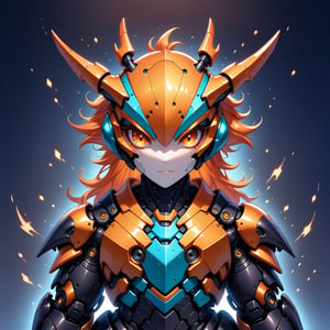 head and shoulder portrait, 1 spider robot, (solo robot:2) , mechanical features, mechanical joints, fantasy, dark background, giant robot, orange, red,  and blue color scheme, symmetrical features,baby dragon,dragon robot,<lora:659095807385103906:1.0>