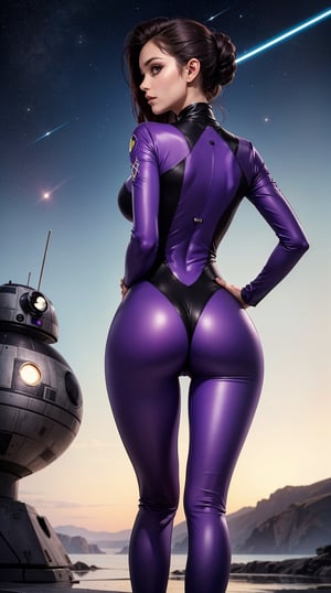 A seductive purple-skinned alien beauty, her back turned to the camera as she reveals her shapely rear in a Star Wars-inspired outfit.