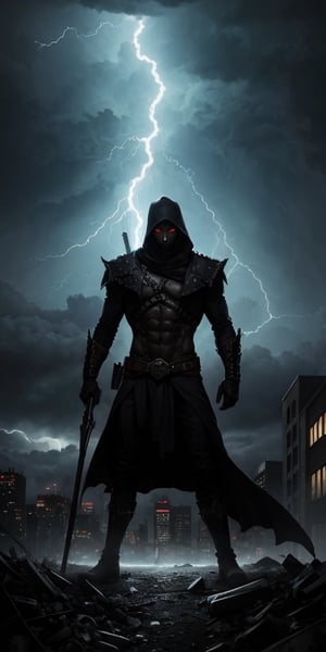 A menacing figure emerges from the shadows of the city, surrounded by a raging storm of electric energy. This is Spawn el díabolico, a powerful force to be reckoned with.